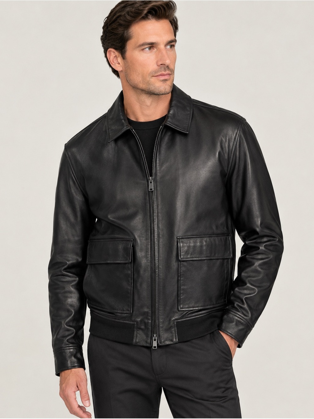 NWT BUGATCHI Men's Black Lamb Leather Bomber Jacket XL $595